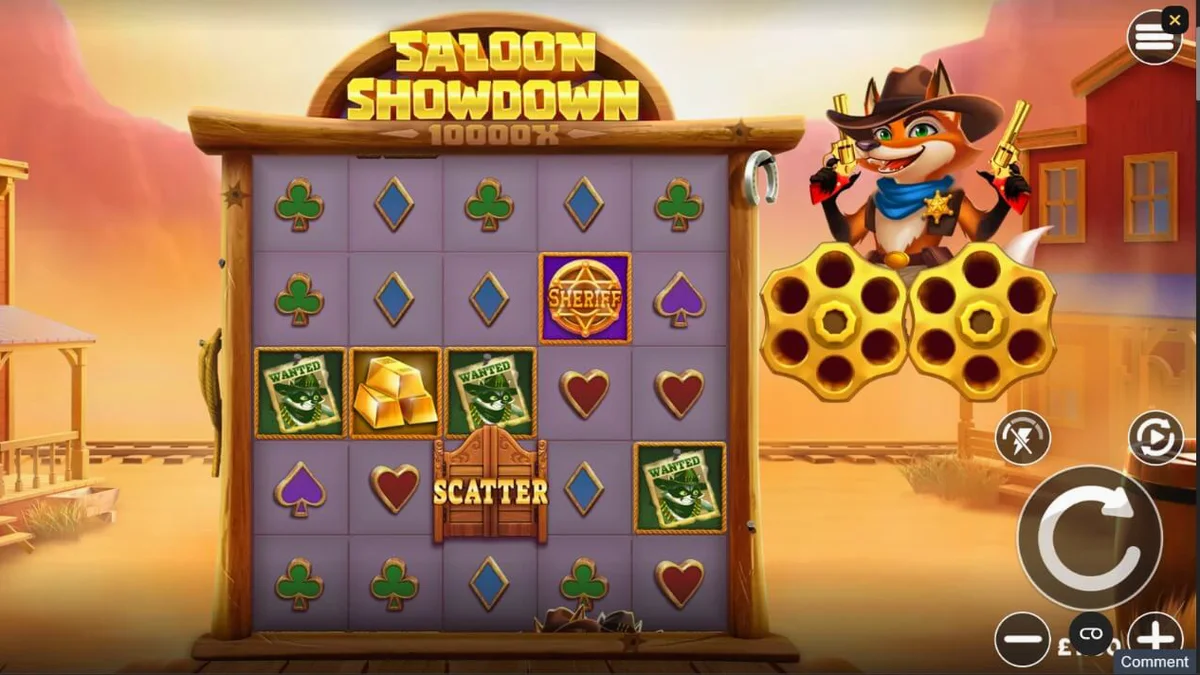 Tampilan visual slot Saloon Showdown 10,000x dengan tema Wild West kartun.
