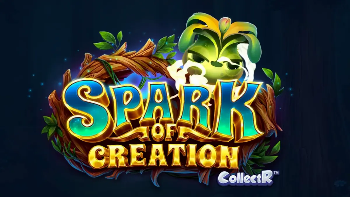 Pemandangan hutan ajaib dalam slot Spark of Creation dengan makhluk-makhluk elemental yang berwarna-warni.